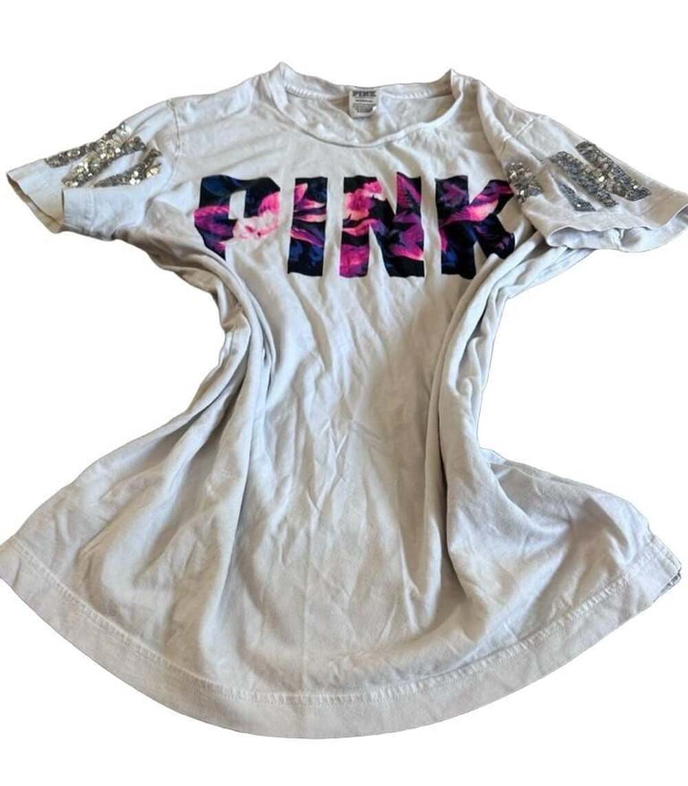 S Victoria's Secret Pink Sequin Short Sleeve Scoop Neck T-Shirt White